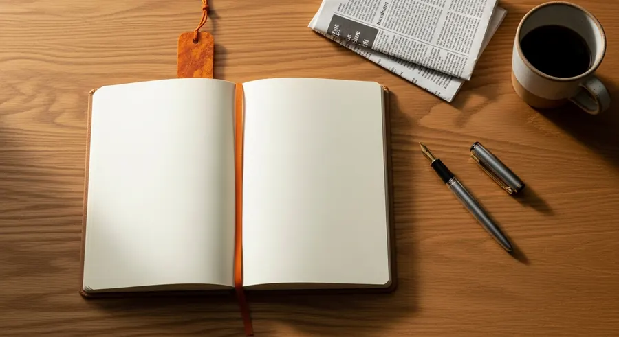 Open notebook, fountain pen and coffee cup in soft window light