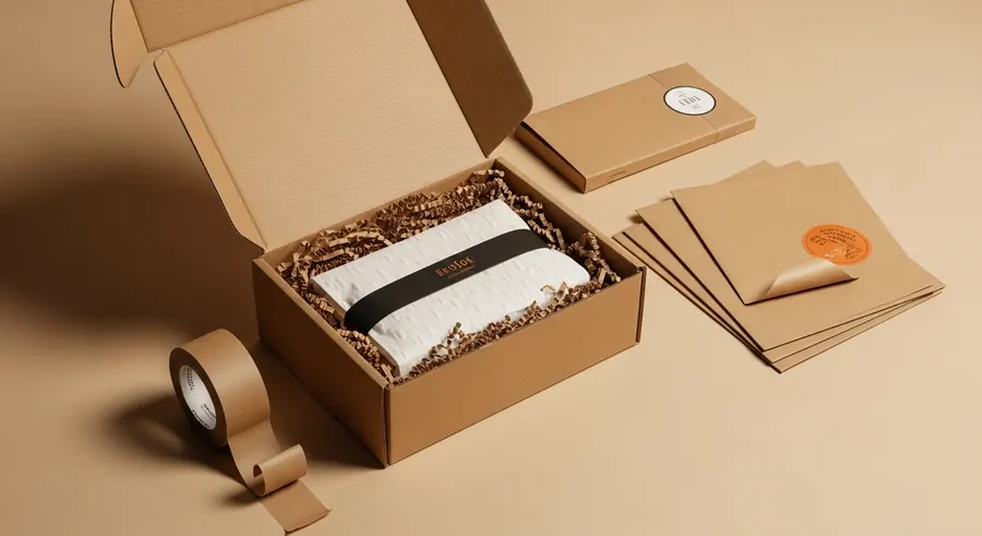 Packaged retail goods on a warm paper backdrop