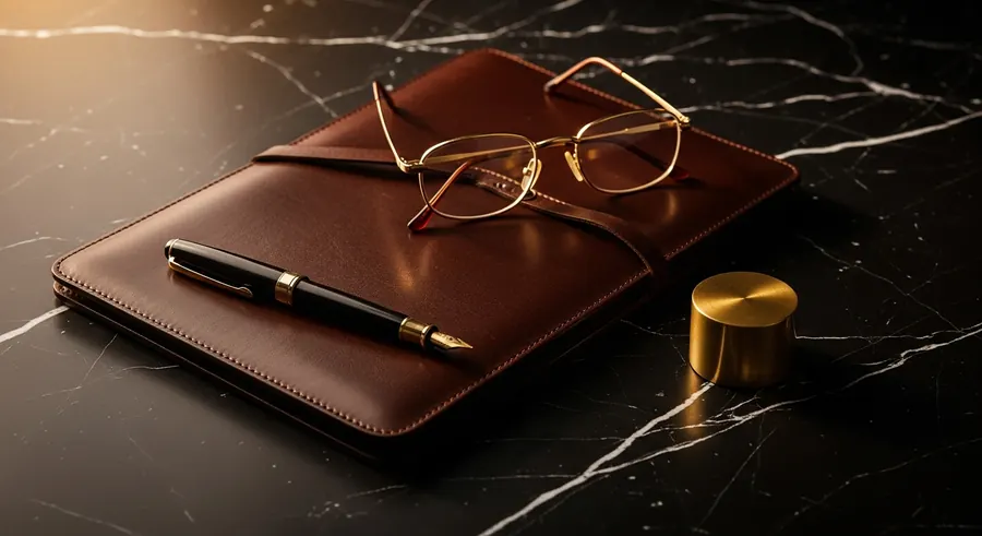 Leather portfolio, fountain pen and reading glasses on dark marble