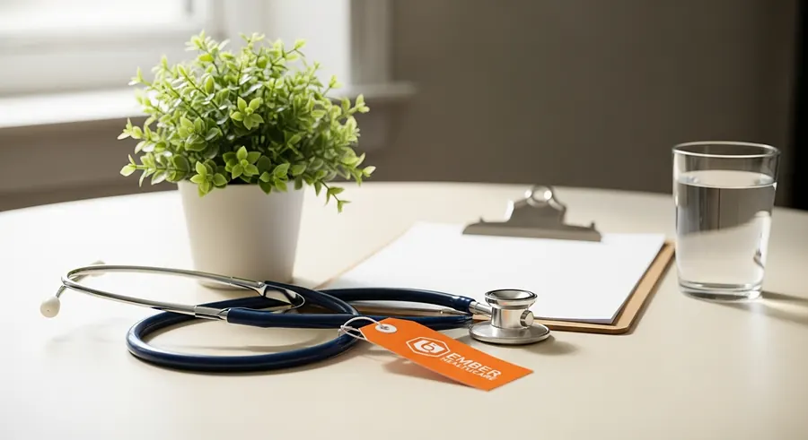 Stethoscope, clipboard and plant in a calm clinical still life