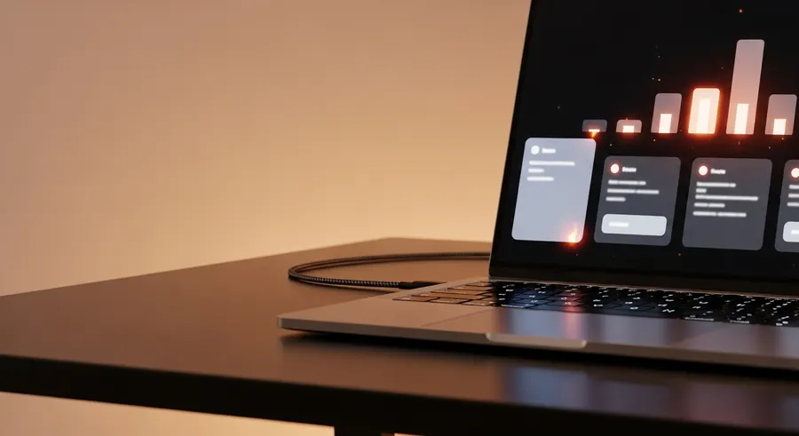Modern laptop on a clean desk showing an abstract dashboard