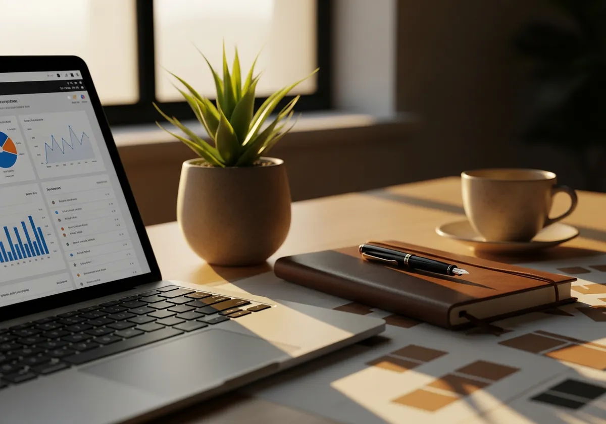 A sunlit desk with a laptop, notebook, and coffee in a quiet studio at golden hour.